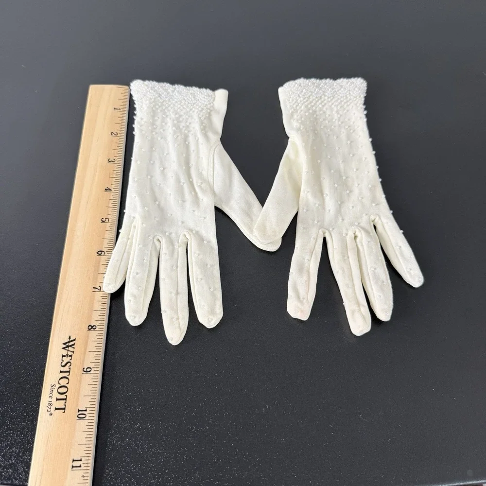 Vintage Ivory Beaded Faux Pearl Stretch Gloves Bridal Wedding Formal One Size